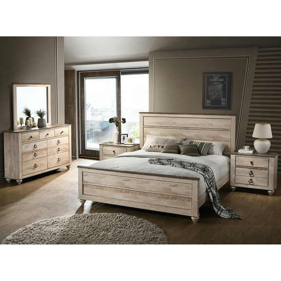 5 Bedroom Setup - King Bed, Dresser With Fine Craftsmanship, Mirror, 2 Nightstands In White Wash Contemporary Dresser, Antique Walnut Trim