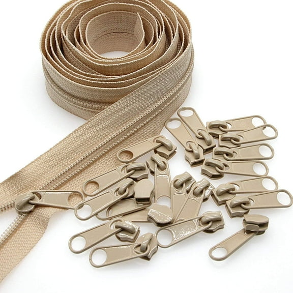 #5 Beige Nylon Coil Zippers by The Yards Bulk 10 Yards with 25pcs Sliders forTailor Sewing Craft,Bag,Luggage,Dress,Sofa Cushion,Pillow(Beige) Beige 5#-with same color Pull