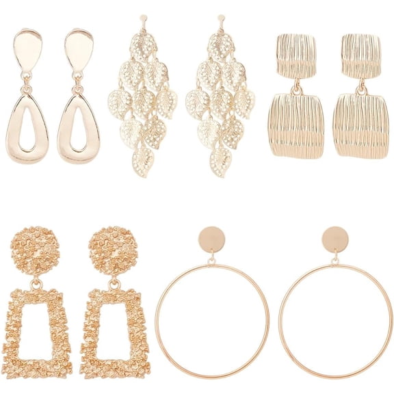 5 Best Pairs Gold Clip On Drop Earrings 5 Styles Non Piercing Dangle Earrings Geometric Clip Earring Square Rectangle Round Clip Dangle Earring Fashion Jewelry for Men Women[w583]