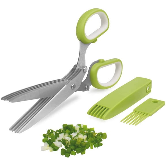 5-Blade Herb Cutter Scissors with Safety Cover, Cleaning Comb - Green