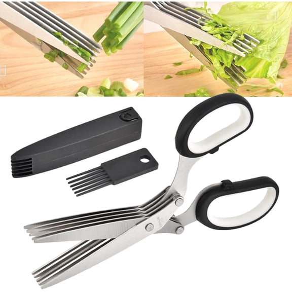 5 Blade Kitchen Salad Scissors, Multipurpose Stainless Steel with 5 Blades, Safety Cover and Cleaning Comb for Cutting Salad, Scallion, Vegetables, Herbs, Parsley, Basil and Cooking (Black+White)