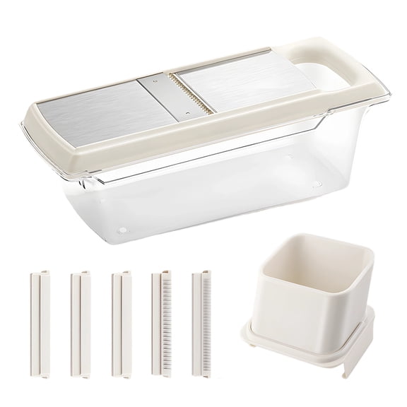 5-Blade Multi-Functional Slicer with Drain Basket, Veggie Shredder with Food-Safe Stainless Steel, Vegetable Mandoline Cutter for Potatoes, Off-White,12.3 x 9.3 x 4.1in /31.3 x 23.5 x 10.5cm
