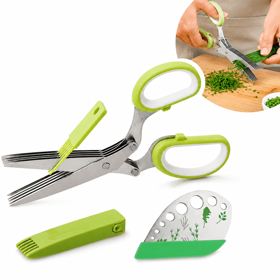 5-Blades Herb Scissors Set, Multi-blade Herb Shears with Herb Stripper, Safe Cover & Cleaning Comb, 2 IN 1 Kitchen Herb Tools (Green)