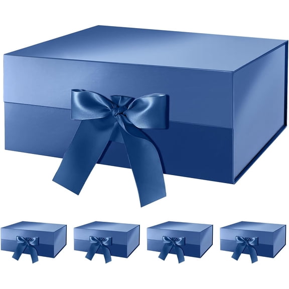 5 Blue Gift Boxes with Lids and Ribbon 9x6 5x3 8 Inches, Groomsmen Proposal Boxes, Magnetic Gift Boxes for Presents (Glossy Blue, Pack of 5)