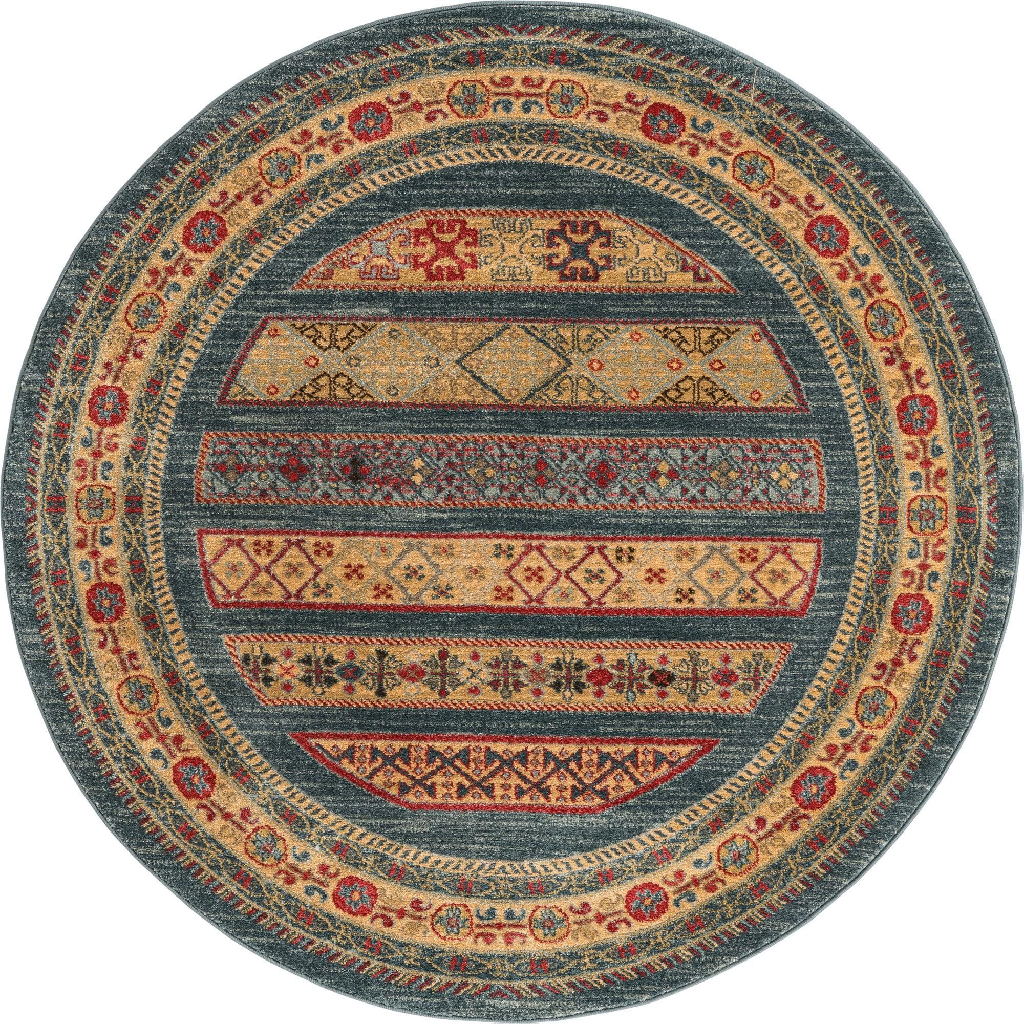 5' Blue and Red Vintage Geometric Striped Round Area Throw Rug