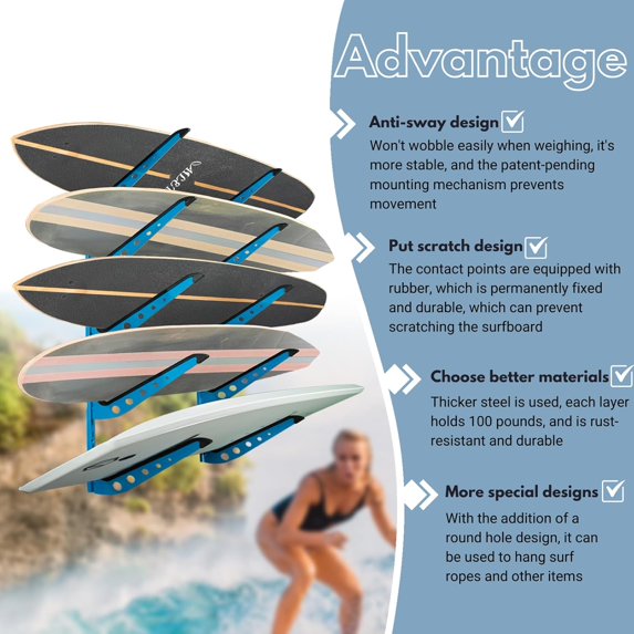 5-Board Adjustable Surfboard Wall Mount Rack with Rubber Padding for Garage Storage