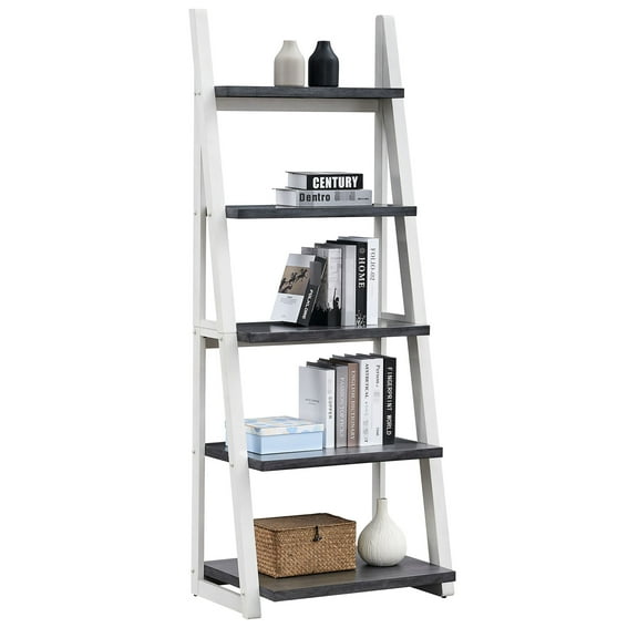 5 Bookcase With Design, Rubber Wood Frame For Home, Office, Bedroom, Kitchen, Apartment, Grey + White, Shelf Plate, Easy Assembly Needed 5, Living Room, Home And Shelves, Convenient