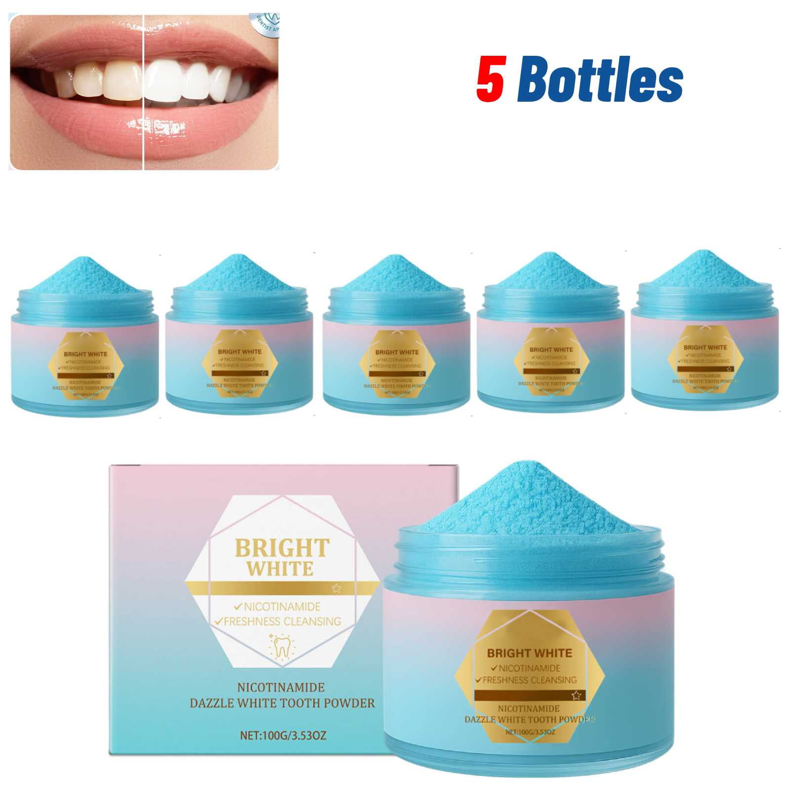 5 Bottles Nicotinamide Dazzle White Tooth Powder Bright White 100G/3.53OZ