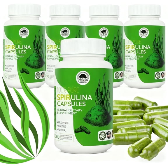 5 Bottles Spirulina Capsules, Premium Spirulina Supplement, Supports Immune System, Healthy Heart, Vegan, Gluten-Free Rich in Prebiotics, Protein Antioxidants1200 Capsules
