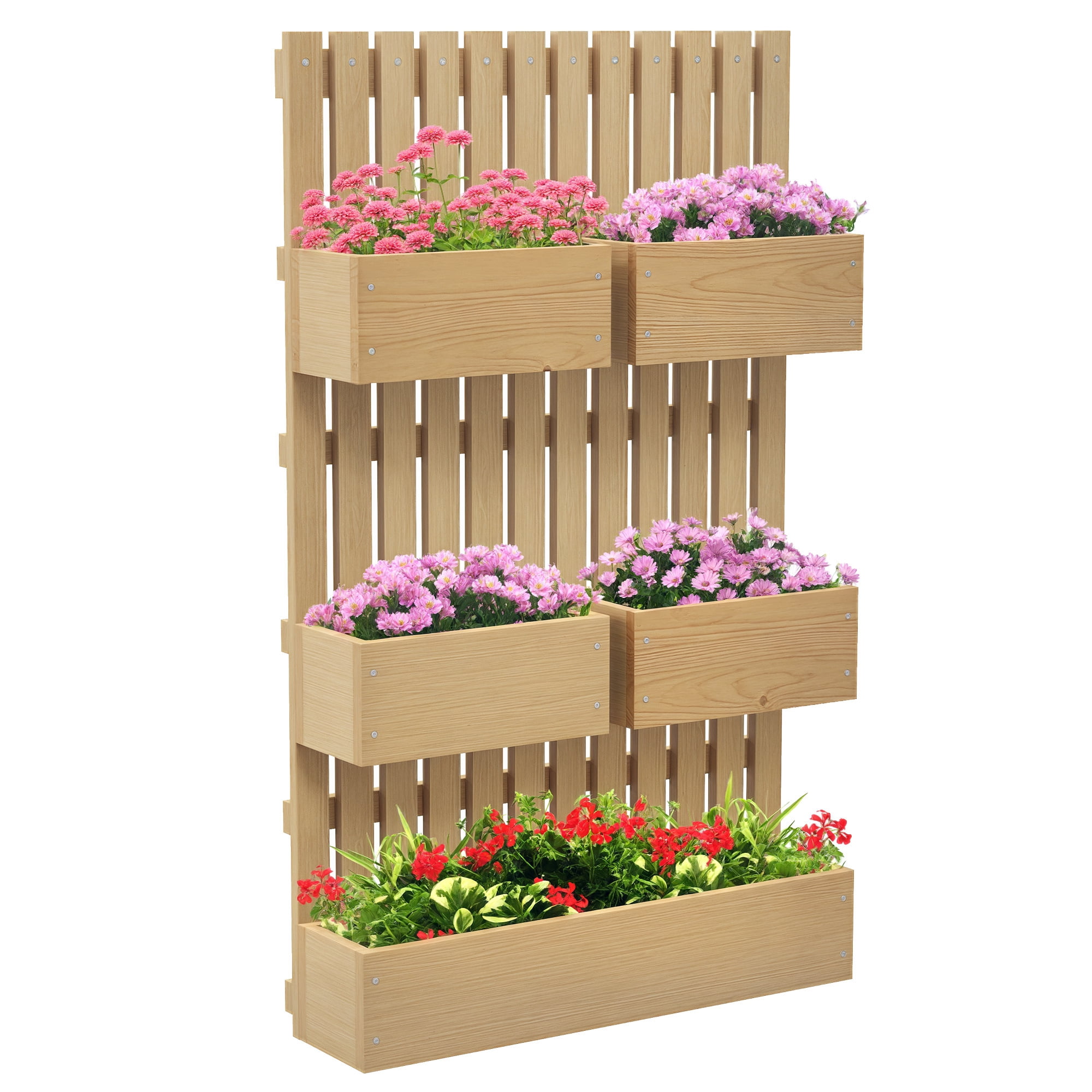 AsterOutdoor 5 Box Raised Garden Bed Wooden Planter Box with Trellis Adjustable 39" Tall Vine Climbing Plant Wall Garden Set Natural Wood