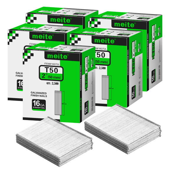 5 Boxes MEITE 16 Gauge Finish Nails, 2 Inch Galvanized 16GA Finish Nails, Small Straight Finishing Nail, Ideal for Woodworking, Upholstery, and Framing Projects (2,500 Pcs/Box)