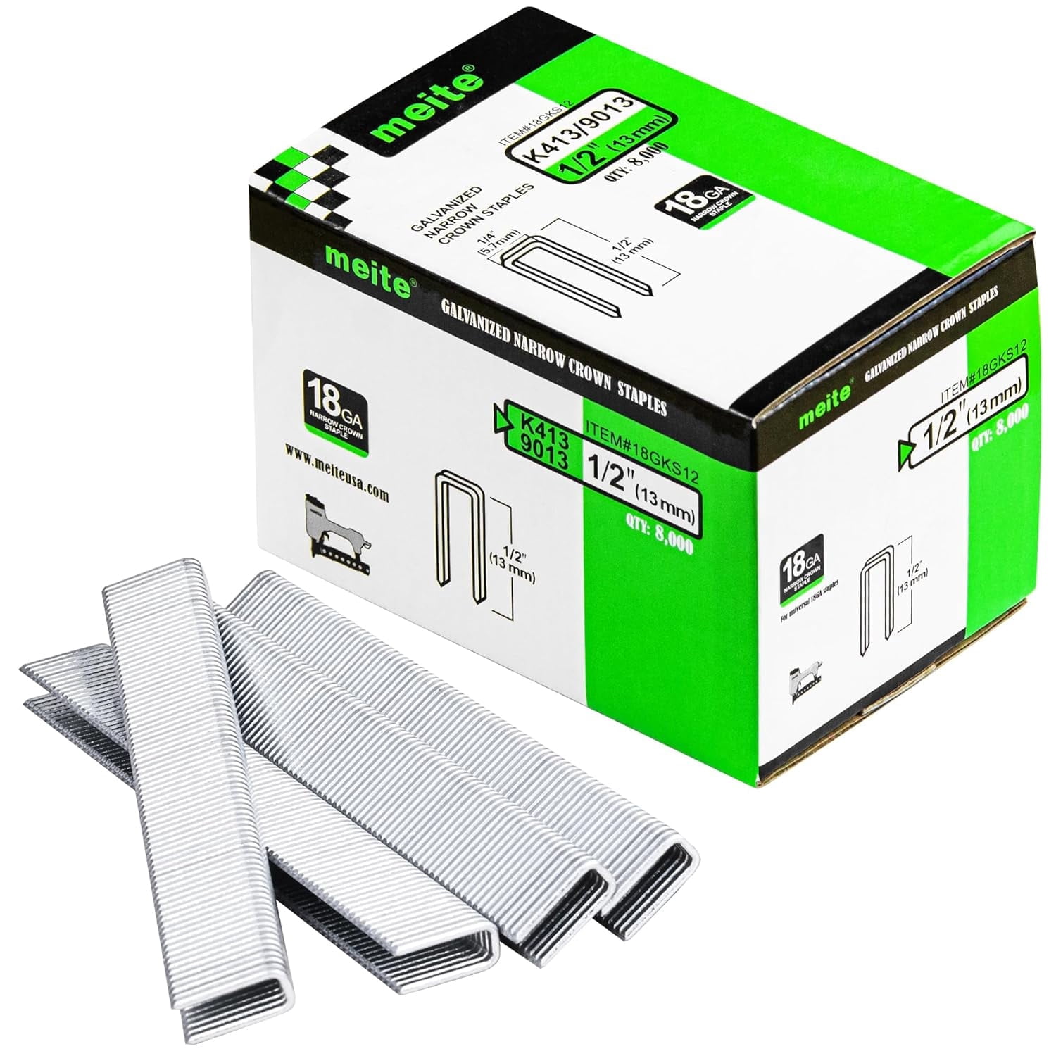 MEITE 18GA 1/4" Narrow Crown Galvanized Staples, 1/2" Length for Upholstery 8,000 Pcs/Box(5 Boxes)