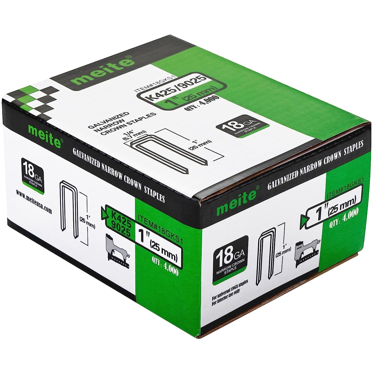 MEITE 18GA 1/4" Narrow Crown Galvanized Staples, 1" Length for Upholstery 4,000 Pcs/Box(5 Boxes)