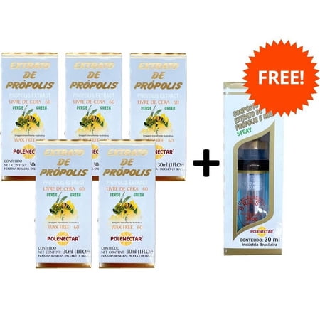 5 Boxes Polenectar Brazil Green Bee Propolis Extract Wax Free 60 (30mL) + Spray Propolis Free