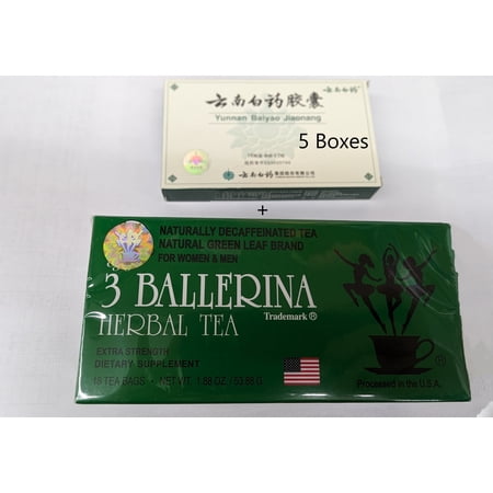 5 Boxes Yunnan Baiyao Capsules, (16 Capsules) Plus 3 Ballerina Tea Extra Strength Diet Tea 18 Tea Bags