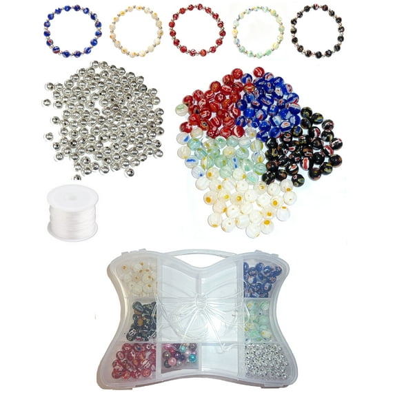 5 Bracelet Millefiori Bead kit for Craft DIY Projects, Beading Kit, Jewelry Making Kit Bow Shaped 11 Space Container with Stretch cord
