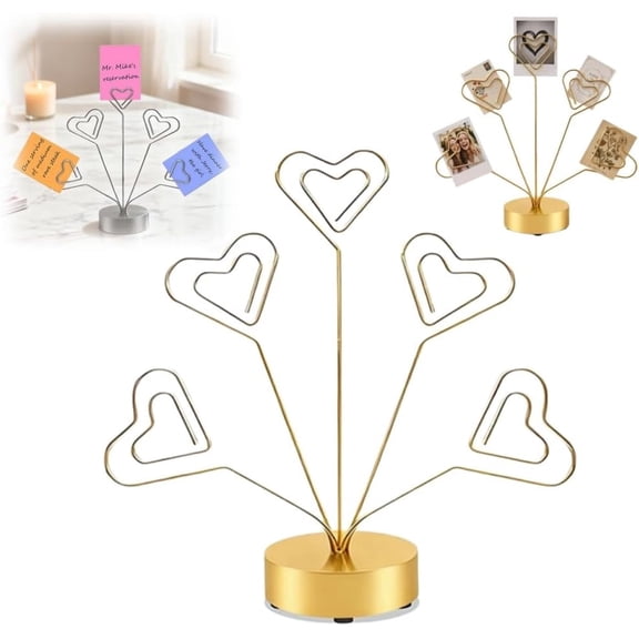 5-Branch Heart Family Tree Picture Frame Holder – Desktop Photo Tree Stand with Clips, Card Display for Photos, Table Numbers, Home Labels & Memo(RL Gold 1 PC)
