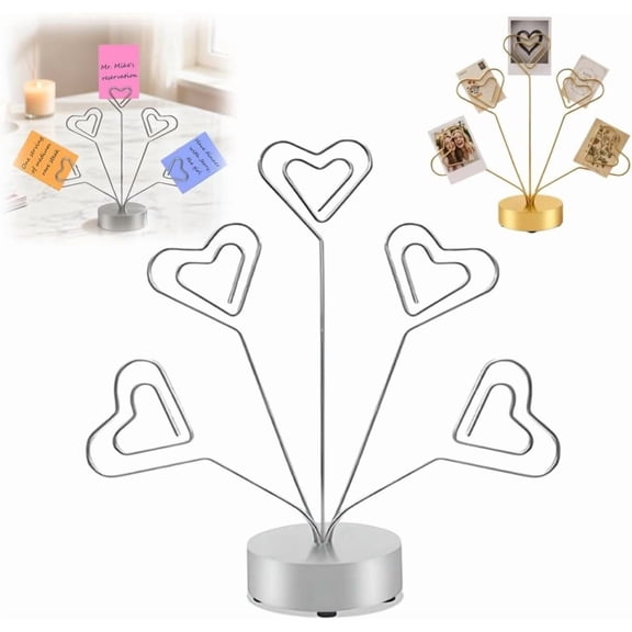 5-Branch Heart Family Tree Picture Frame Holder  Desktop Photo Tree Stand with Clips, Card Display for Photos, Table Numbers, Home Labels & Memo(RL Silver 1 PC)