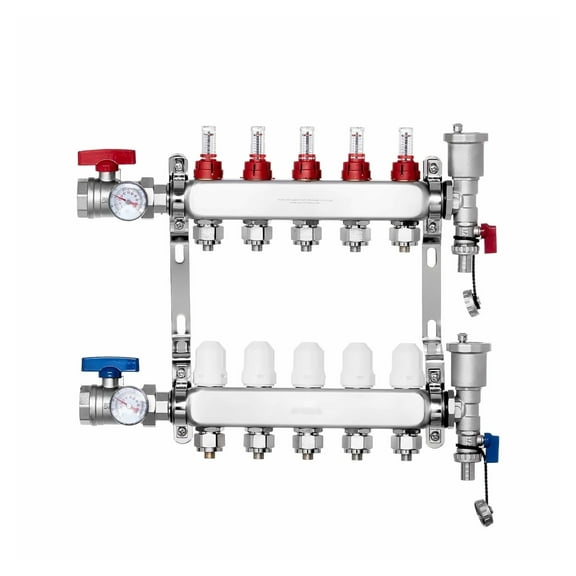 5-Branch PEX Manifold 1/2" Floor Heating Manifold- Stainless Steel Hydronic Heating Distribution, 5L/min Flow Rate, Temperature Gauges