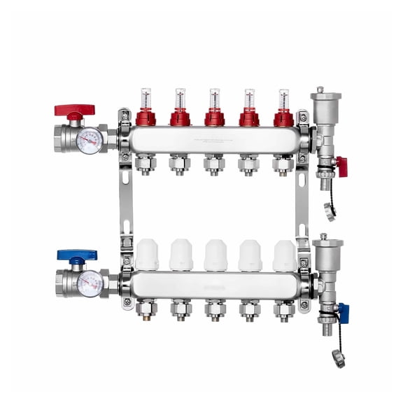 5-Branch PEX Manifold Radiant Floor Heating Manifold Set, 1/2" PEX Tubing, Stainless Steel, 5L/min Flow Rate, w/ Flow Meter & Gauges