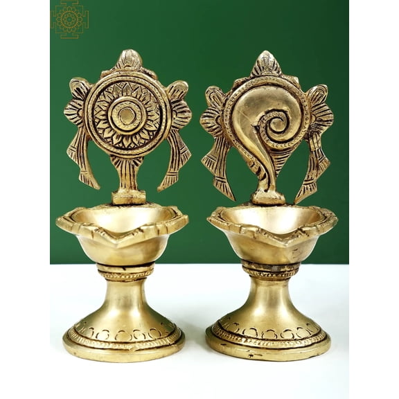 5" Brass Shankh and Chakra Oil Lamp Set | Handmade
