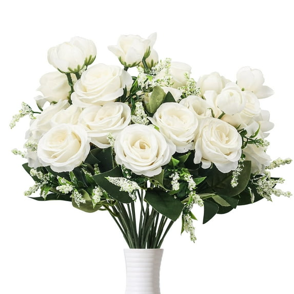 5 Bunches Roses Artificial Flowers, Fake Roses Silk Hydrangea Flower Bouquet, for Wedding Party Table Centerpieces Floral Arrangement Home Kitchen Decor (White)