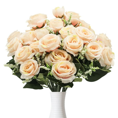 5 Bunches Roses Artificial Flowers, Fake Roses Silk Hydrangea Flower Bouquet, for Wedding Party Table Centerpieces Floral Arrangement Home Kitchen Decor (champagne)
