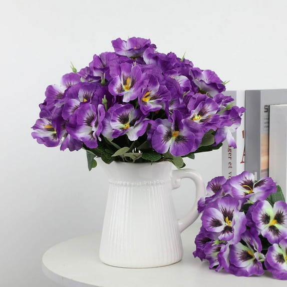 5 Bundles Artificial Fake Pansy Flowers for Outdoor, Faux UV Resistant Silk Pansies Flowers for Outside Planter Front Door Porch Yard Patio Window Box Home Decor