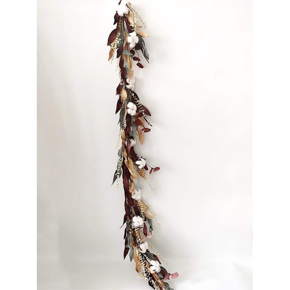 5' Burgundy, Tan and Green Leafy Garland with Cotton Accents