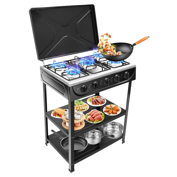 5 Burner Freestanding Gas Stove, 2.5KW Per Burner NG & LPG Compatible, Black Enamel Aluminum Cooktop for Outdoor Camping RV Cooking