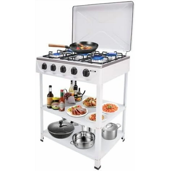 5 Burner Gas Grill, 2.5 Kw Portable Gas Stove, NG/LPG Convertible Stainless Steel Naturalgas Hob with Wind Blocking Cover and 2 Placement Boards for Kitchen, RV, Apartment (White)$$Garden &
