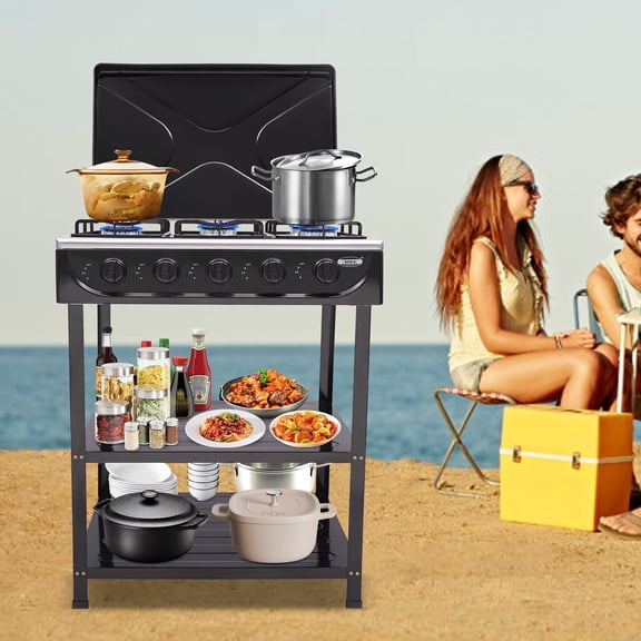 5 Burner Gas Stove Freestanding, 2.5KW Natural Gas Cooktop with Manual Ignition, Black Iron and Enamel Propane/LPG Compatible Outdoor Camping Stove for RV Kitchen Home Emergency Prep