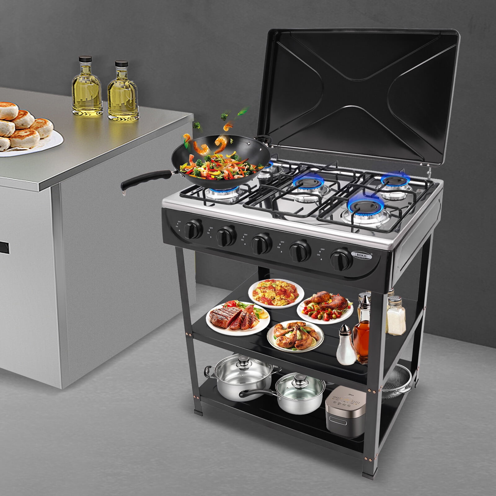 5 Burner Gas Stove, Heavy-Duty Iron & Aluminum Construction, Freestanding Natural Gas Stove for Outdoor Cooking & Emergency Preparedness
