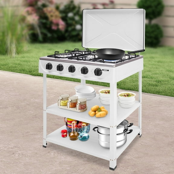5 Burner Gas Stove, Portable Natural Gas Stove Outdoor Camping BBQ Stove with 2 Tier Storage Rack, for RV, Apartment, Outdoor Cooking (White)