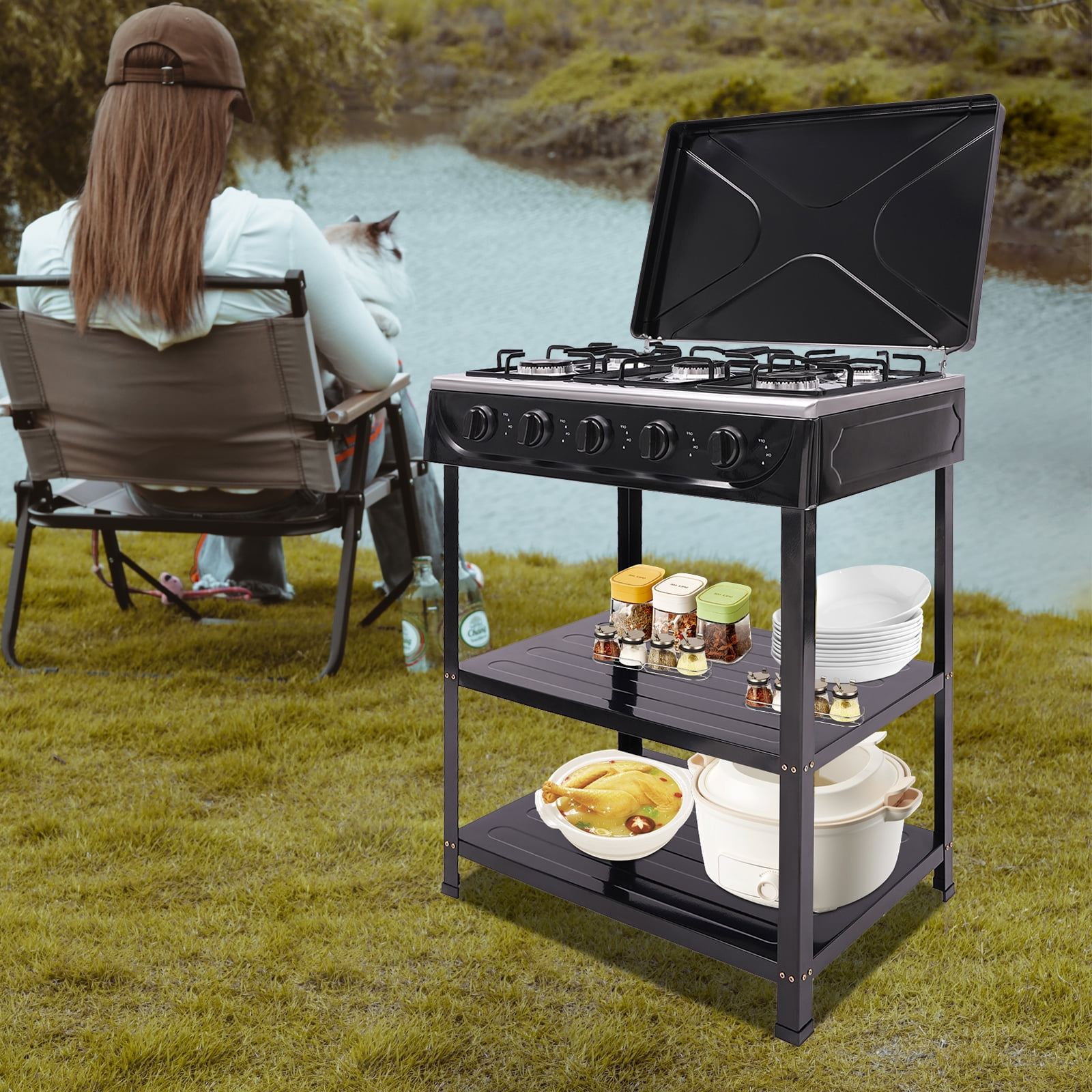5-Burner Natural Gas Stove, High-Efficiency Cooktop with Independent Controls, Energy-Saving Design, Durable Stainless Steel, for Outdoor & Emergency Use