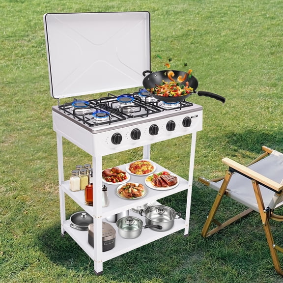 5-Burner Natural Gas Stove with Precise Control, High-Efficiency, Energy-Saving Design, Sturdy Enamel & Aluminum Construction  Includes Placement Boards, Manual Ignition & Windproof Cover