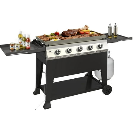 5-Burner Propane Flat Top Griddle Grill, 50,000 BTU Outdoor Gas Griddle with 540 Sq. In. Cooking Area, Folding Side Shelves & Rolling Wheels, Black