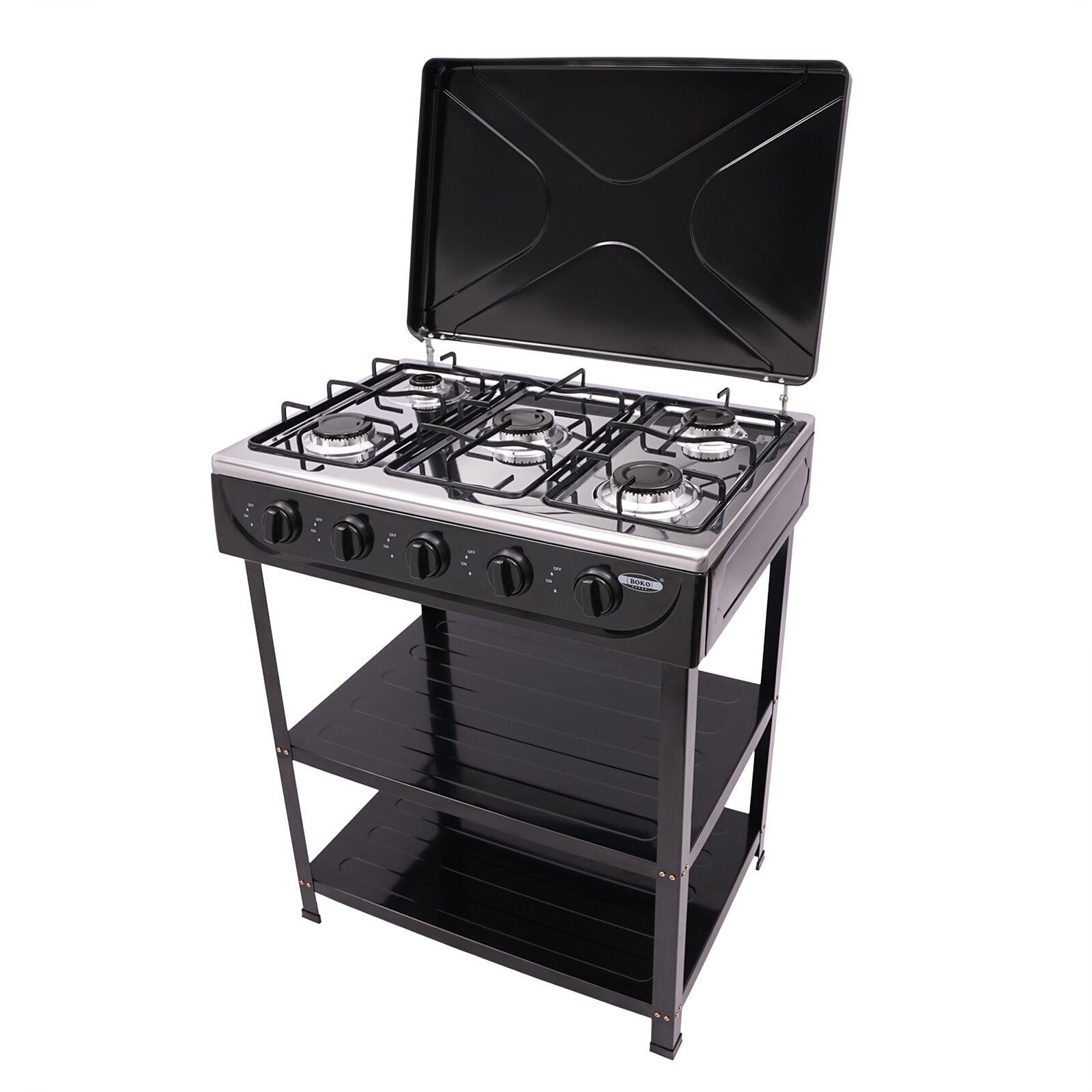 5 Burner Propane Gas Stove with Support Leg Stand and Wind Blocking Cover, Manual Ignition Camping Stove for Outdoor Cooking, RV Travel（Black）