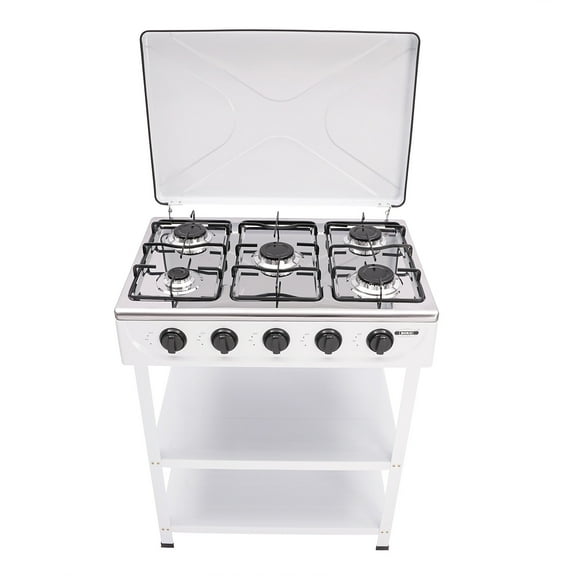 5 Burner Propane Gas Stove with Support Leg Stand and Wind Blocking Cover, Manual Ignition Camping Stove for Outdoor Cooking, RV Travel(White)