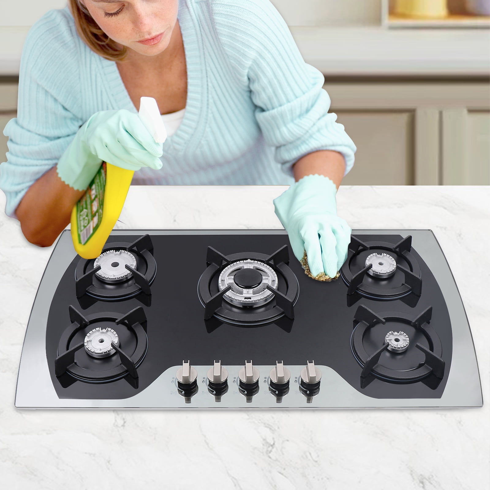 5 Burners Gas Stove 35.4" Built-In Gas Cooktop Natural Gas Propane Stainless