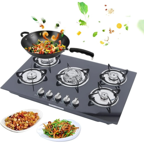 5 Burners Gas Stove, Countertop Black Tempered Tempered Glass Gas Range, Built-In Cast Iron Gas Hob, LPG/Natural Gas Dual Fuel Convertible Gas Stovetop, Suitable For Apartment, Indoor, RV (5 Burners)