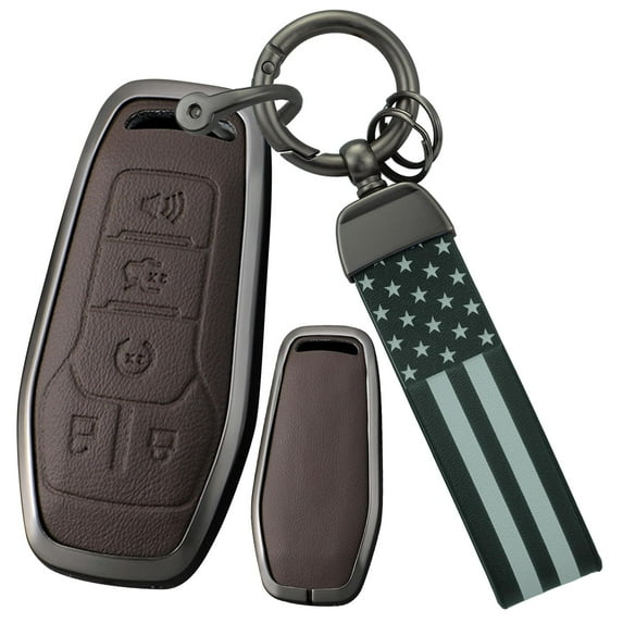 5-Button Key Housing Fit for Lincoln MKC MKX MKZ 2013-2018 Metal Key Bag Leather Key Fob Cover Fit for Ford F150 Fusion Mustang Edge Explorer 2013-2017,with USA Flag Keychain