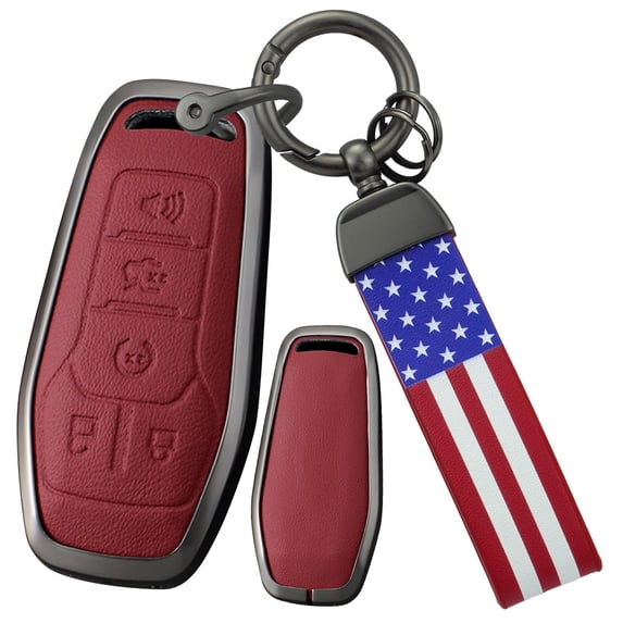 5-Button Key Housing Fit for Lincoln MKC MKX MKZ 2013-2018 Metal Key Bag Leather Key Fob Cover Fit for Ford F150 Fusion Mustang Edge Explorer 2013-2017,with USA Flag Keychain