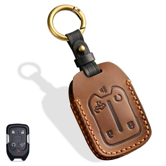 5-Button Leather Key Fob Cover, Compatible with GMC Acadia Terrain Sierra, Fit for Chevy Silverado 2019-2022, No Screw Design Retro Style Smart Key Holder Protector