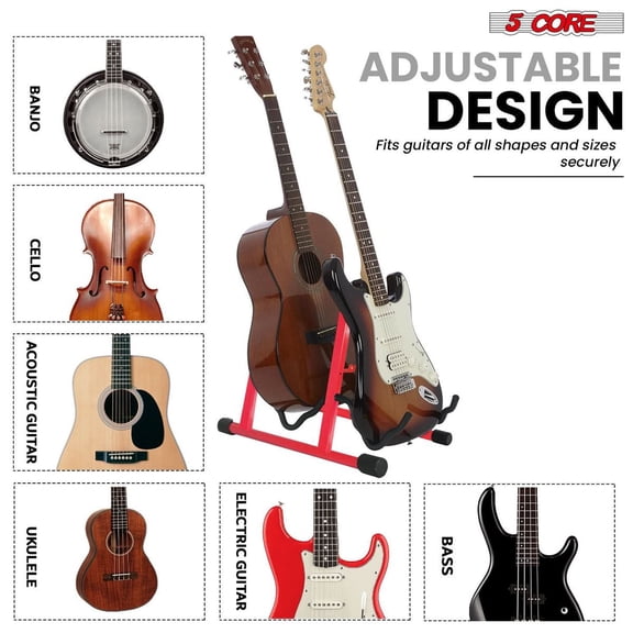 5 CORE Double Guitar Stand Floor Adjustable Heavy Duty A Frame Universal Folding Acoustic Electric Bass Mandolin Banjo Violin Holder Multiple Folding Stands For On Stage Studio Easy Assembly RED