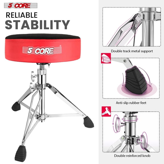 5 CORE Drum Throne Padded Guitar Stool Height Adjustable Heavy Duty Music Chair Seat Universal for Adults & Kids with Anti Slip Rubber Feet - DS CH RED VEL HD