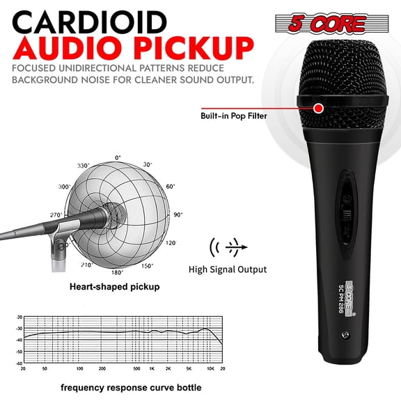 5 CORE Microphone Dynamic Vocal Handheld Mic Cardioid Unidirectional Microfono w On Off Switch + XLR Audio Cable for Singing Karaoke Public Speaking & Parties - PM-286