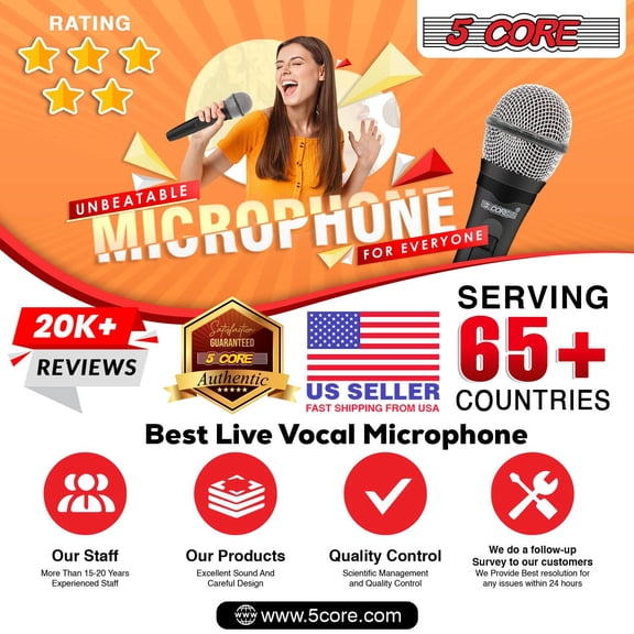 5 CORE Microphone Dynamic Vocal Handheld Mic Cardioid Unidirectional Microfono w On Off Switch + XLR Audio Cable for Singing Karaoke Public Speaking & Parties - PM 600