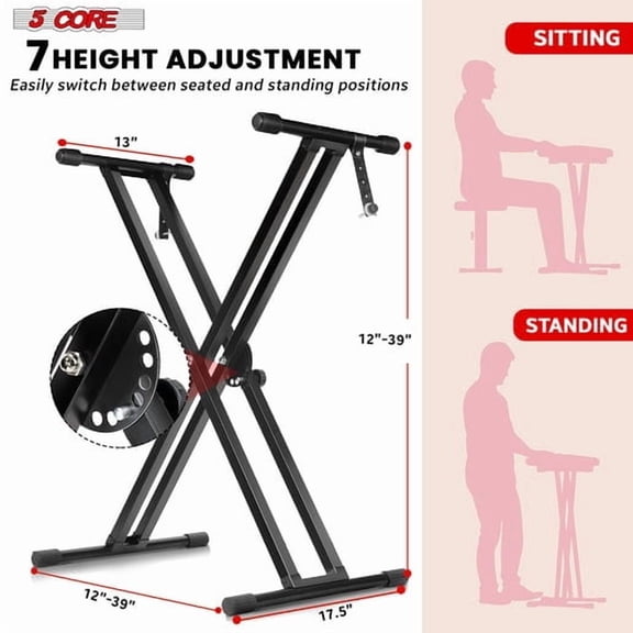5 CORE Piano Keyboard Stand Double X Style Heavy Duty Adjustable Digital Electric Piano Riser Durable & Sturdy Music Synthesizer Holder Stands For 61 76 88 Keys w Secure Locking Strap - KS 2X