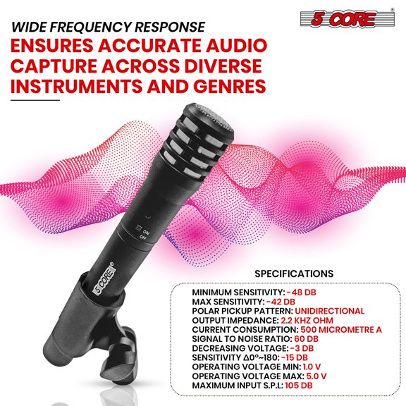 5 CORE Professional Instrument Microphone Pencil Mic Condenser Cardioid Unidirectional Stick Microfono with Windscreen Mic Clip & Case - INSTRU MIC 100 BLK